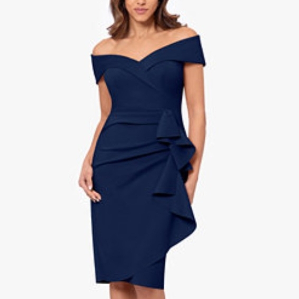Xscape Navy Off-Shoulder Midi Dress